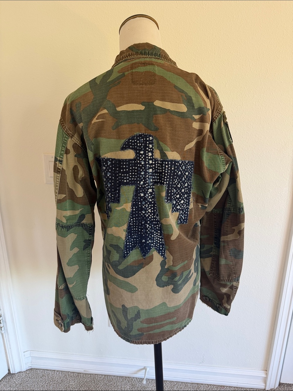 Custom Upcycled Vintage Military Camo Jacket Indigo Thunderbird Graphic